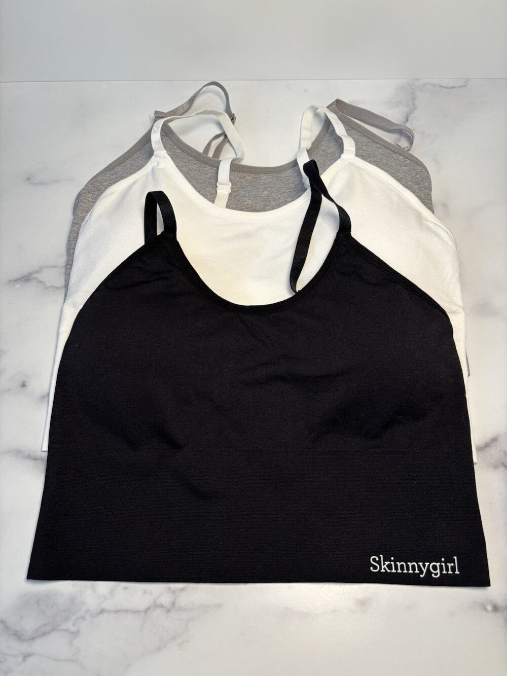SkinnyGirl Bralette Set of 3 Wireless Padded Full Coverage Black, White and Gray